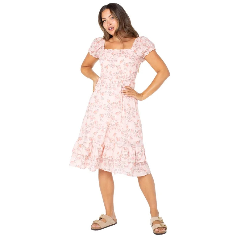 Celebrity Pink Puff Sleeve Midi Dress with Ruffle Details, Women's and Women's Plus | Walmart (US)