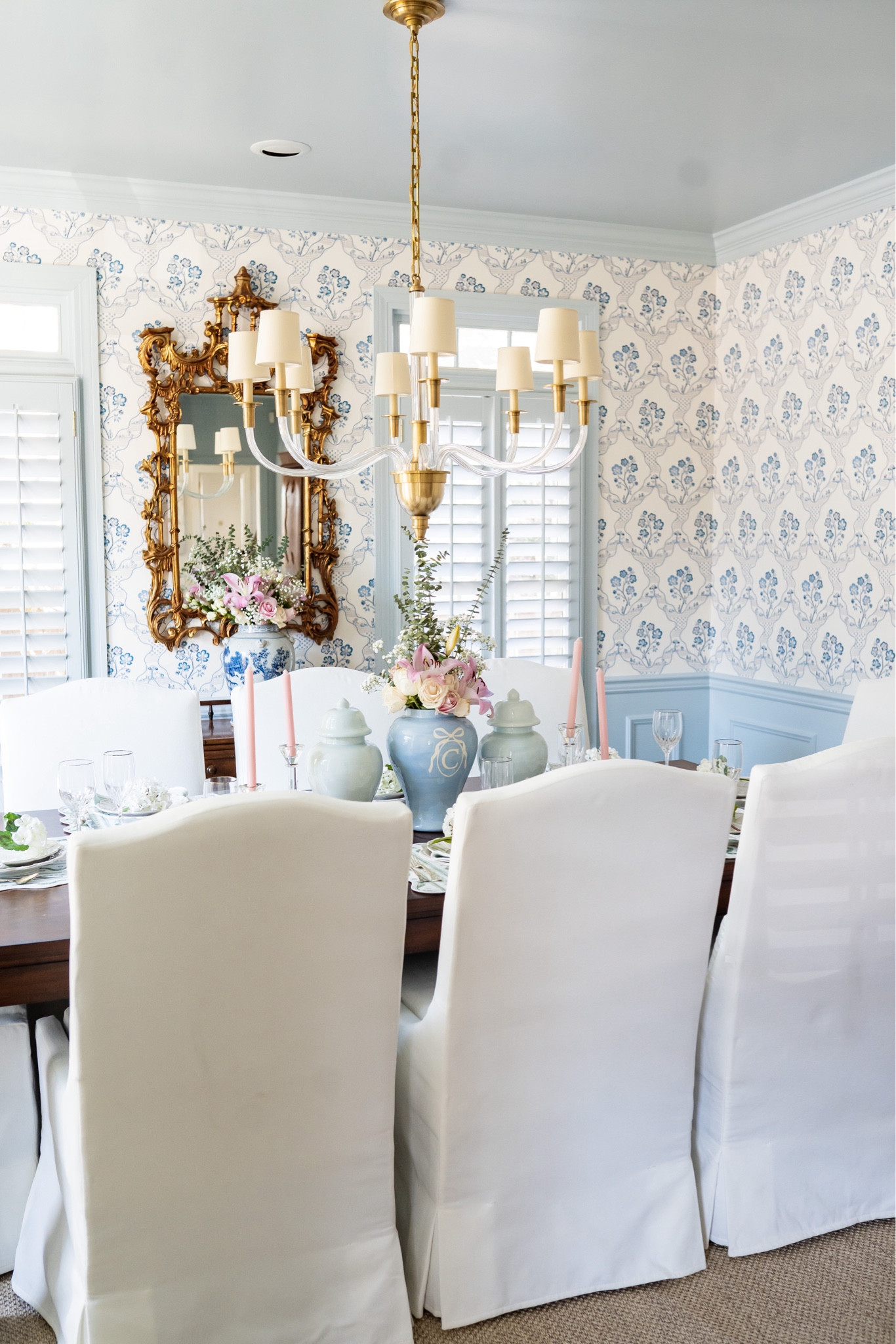 Dining room chairs and decor sourced here!

Wallpaper gold mirror chandelier home decor grandmillennial style southern home

#LTKhome