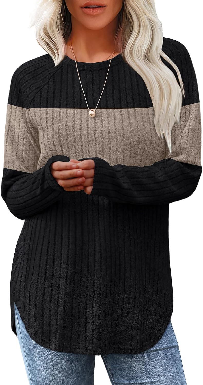 Saloogoe Long Sleeve Shirts for Women 2025 Fall Clothes Tunic Tops Loose Fit Dressy Crewneck Pullover Sweaters Curved Hem | Amazon (US)