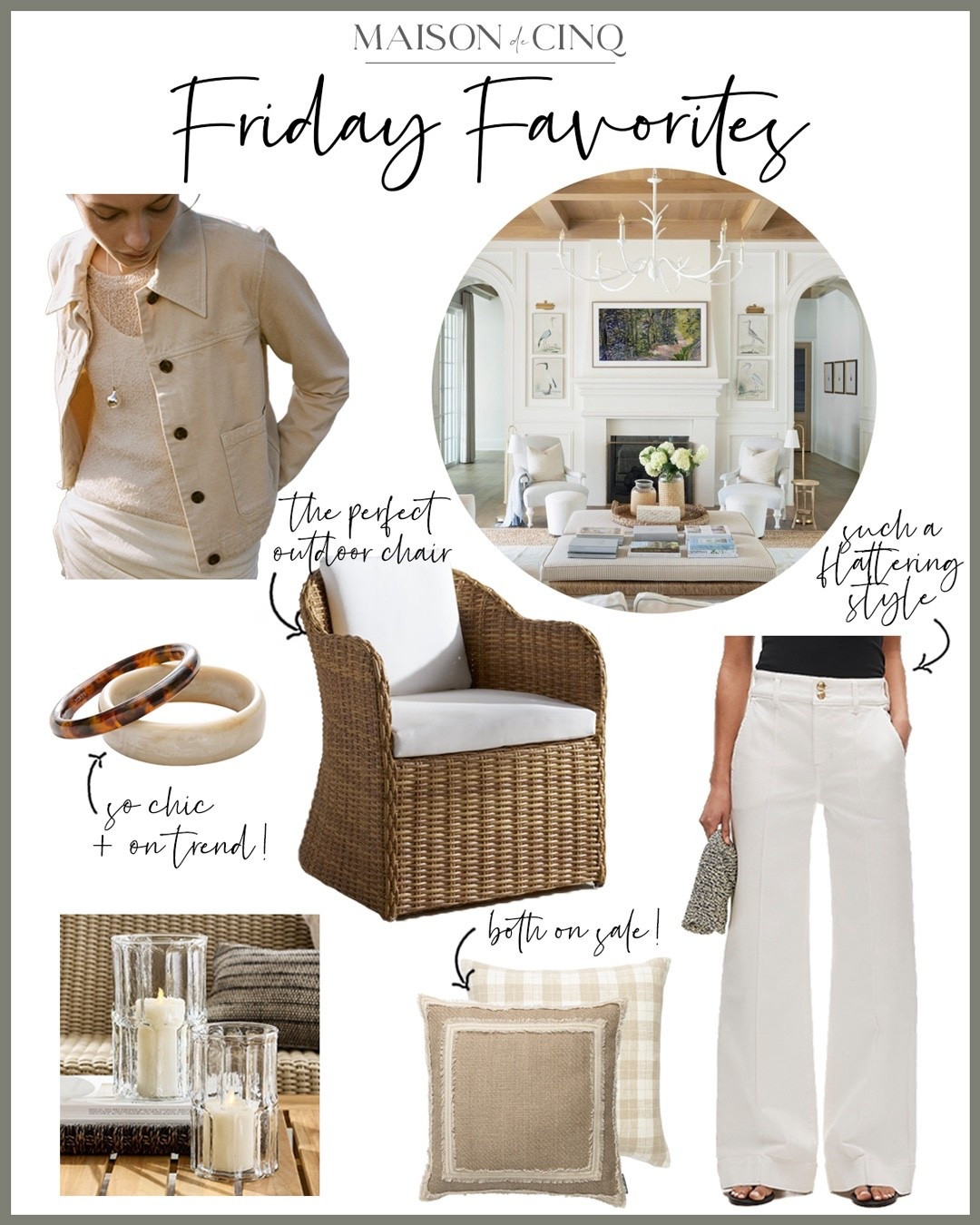 So many great finds in this week’s Friday favorites like Mango sale finds, gorgeous outdoor wicker chairs, the most flattering white jeans, adorable neutral pillows on sale, and more!

Home decor, spring decor, spring fashion, spring outfit, outdoor furniture, patio furniture, throw pillows, bracelets, wide leg jeans, spring jacket, blouse, white dress, linen dress, spring sweater 

#LTKOver40 #LTKHome #LTKSaleAlert