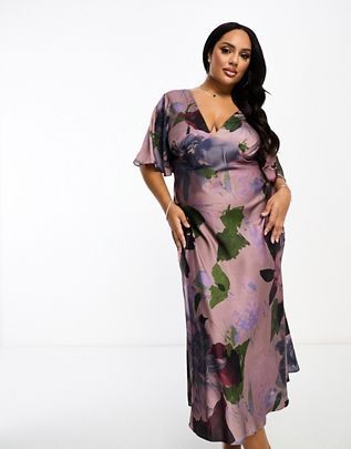 ASOS DESIGN Curve Exclusive satin flutter sleeve midi dress in lilac floral print | ASOS (Global)