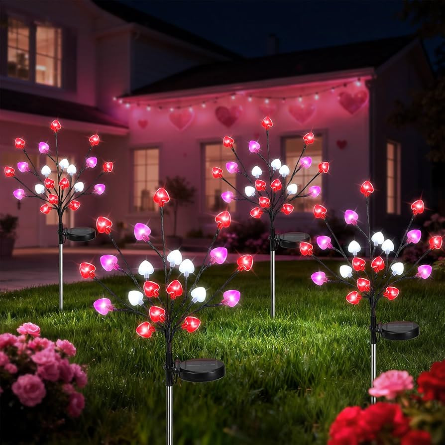 Lewondr Valentine's Day Solar Outdoor Lights, 4 Pcs Valentines Day Decorations, 20 LED Red Pink W... | Amazon (US)