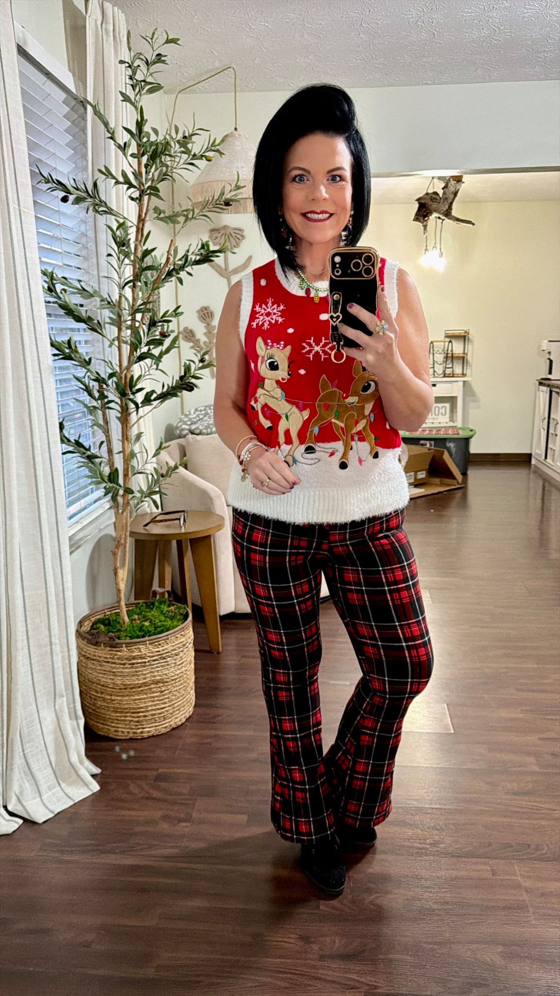 Rudolph the Red-Nosed Reindeer Women's Embellished Crewneck Sweater Vest 
Size Small TTS 

Plaid pants are No Boundaries from Walmart from last year 
Linked some similar ones 

Betsey Johnson Jewelry

Walmart Holiday Time Beaded Stretch Bracelet Set

#LTKOver40 #LTKHoliday #LTKWorkwear