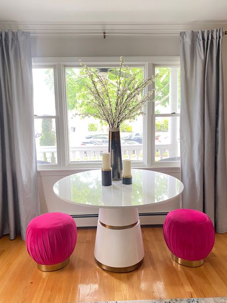 Blackout curtains, white pedestal table pink ottoman  

#LTKHome #LTKStyleTip #LTKOver40