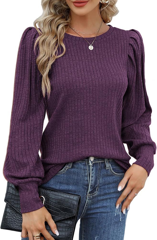HOTOUCH Women's Knit Blouse Soft Puff Long Sleeve Shirt Tops Lightweight Round Neck Tunic S-XXL | Amazon (US)