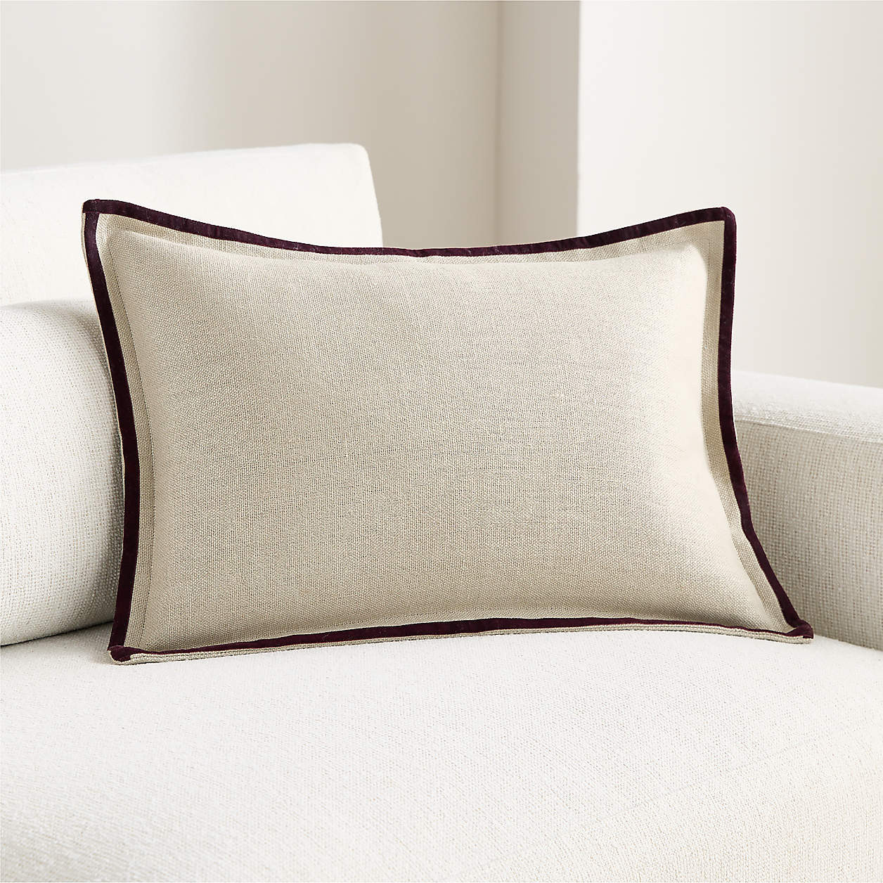 Linen with Velvet Trim 22"x15" Deep Burgundy Throw Pillow Cover | Crate & Barrel | Crate & Barrel
