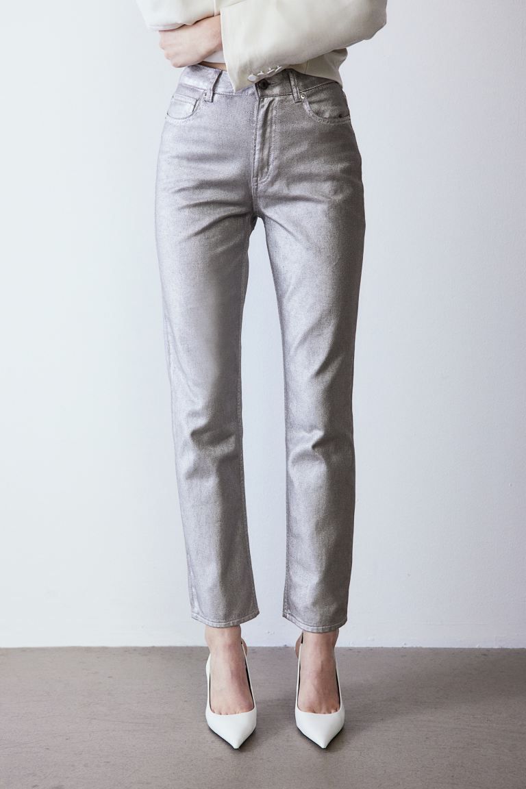 Coated Straight High Jeans - Silver-coloured - Ladies | H&M GB | H&M (UK, MY, IN, SG, PH, TW, HK)