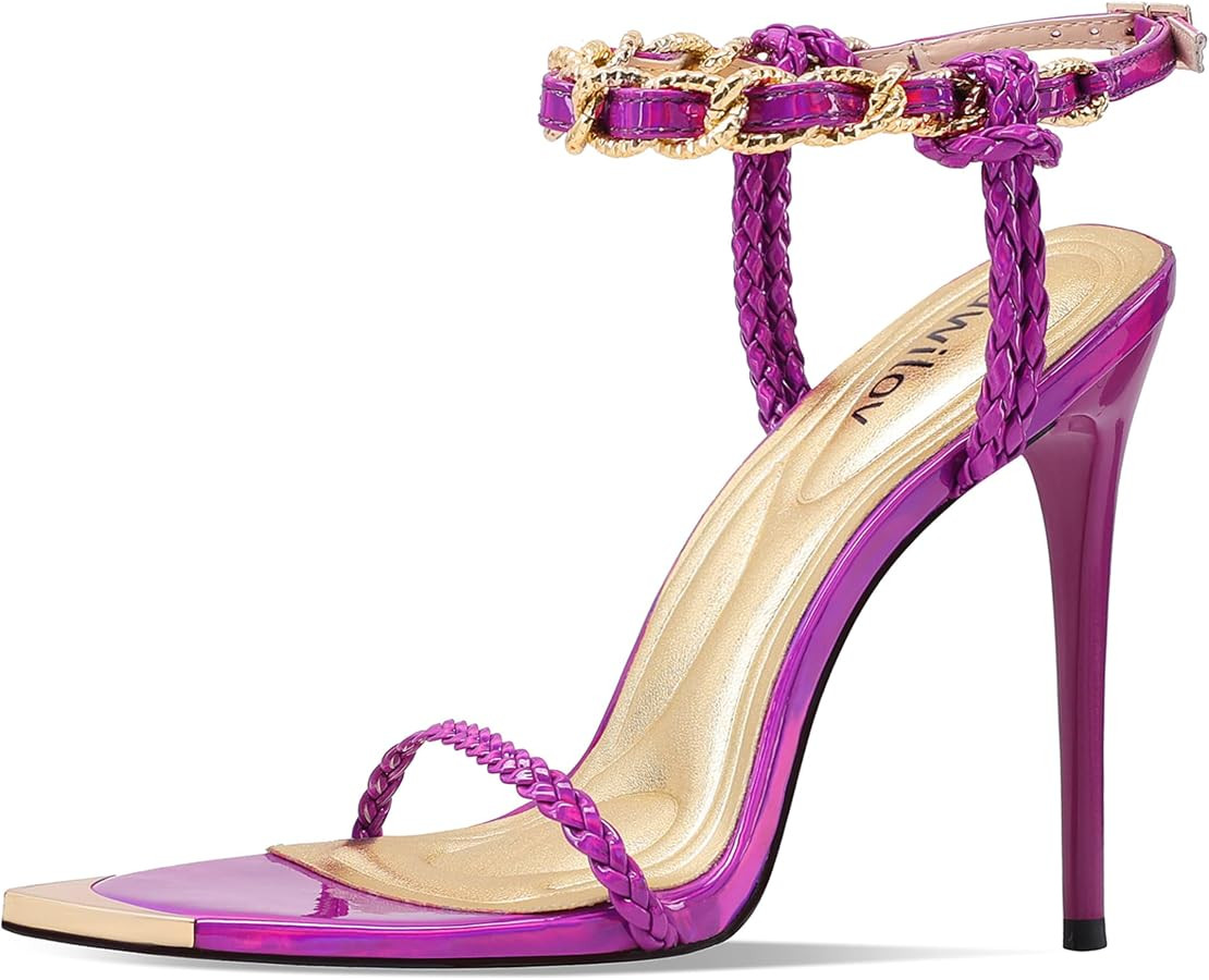 Gold Strappy Stiletto Heels for Women Metallic Ankle Strap Open Toe High Heel Sandals Elegant Dre... | Amazon (US)