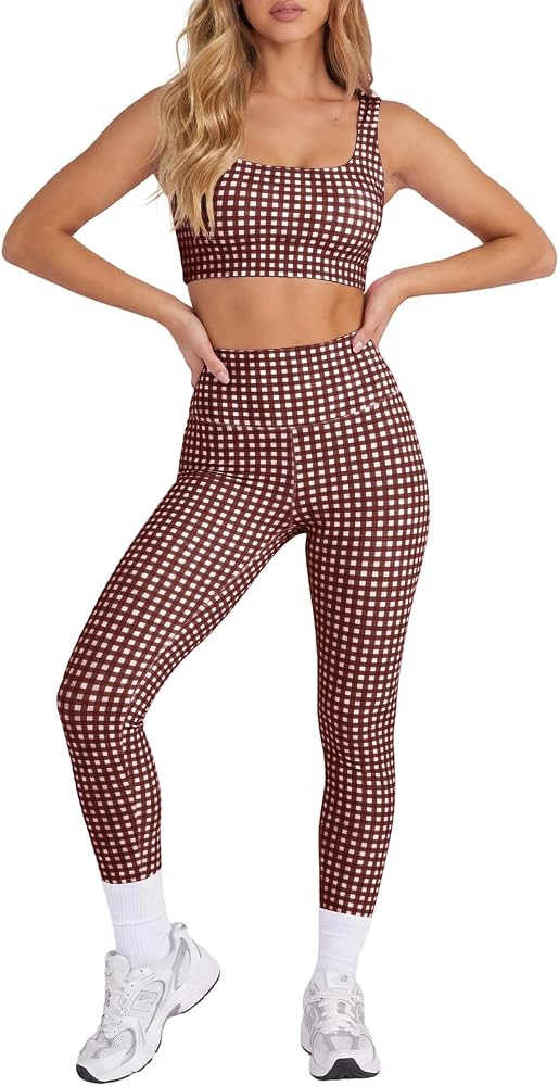 Aoysky Womens Workout Gingham 2 Piece Outfits Padded Crop Tank Shorts Sets | Amazon (US)