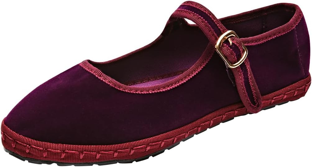 Velvet Mary Janes Shoes for Women Red Ballet Flats with Strap HandStitch Womens Cloth Comfort Shoes Dressy Casual | Amazon (US)