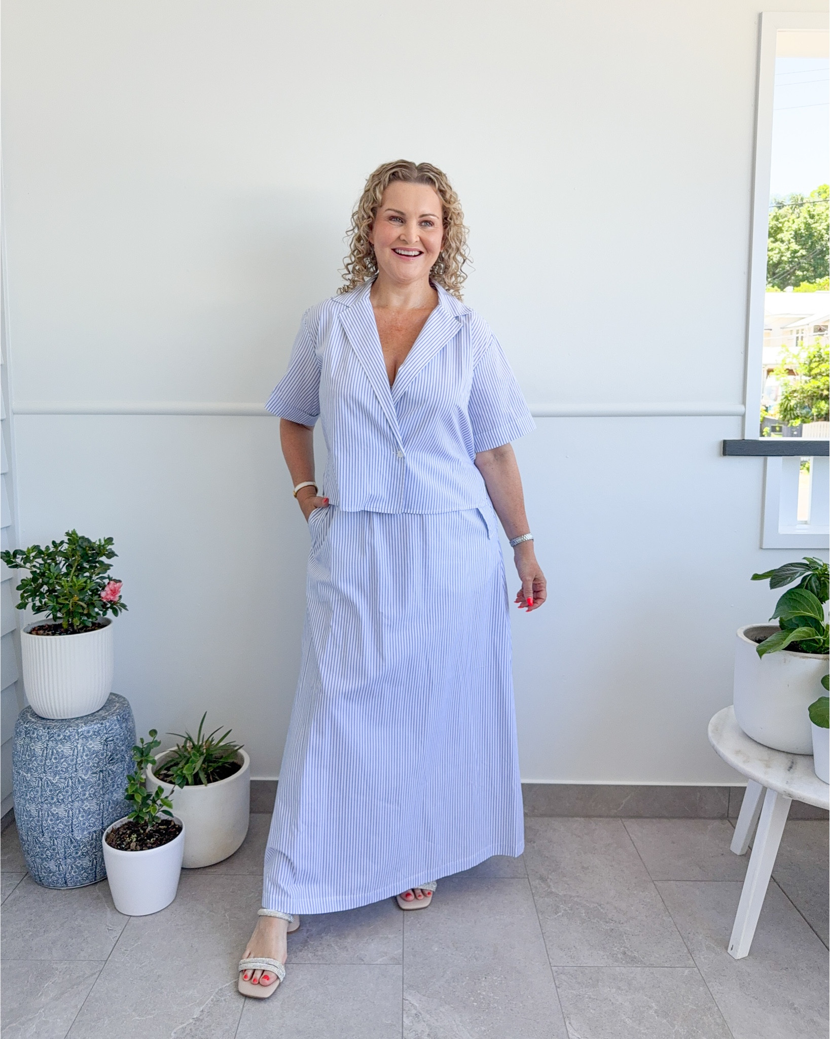 I wore this gorgeous set on NYE and can’t wait to wear it again. It’s super comfy and you can’t beat a classic blue and white stripe. 
Both pieces linked below. I’m a size 12 on top and wearing a size 0 (VERY oversized fit) and a size 14 on the bottom and wearing a size 3. 

#LTKdatenight #LTKover50style