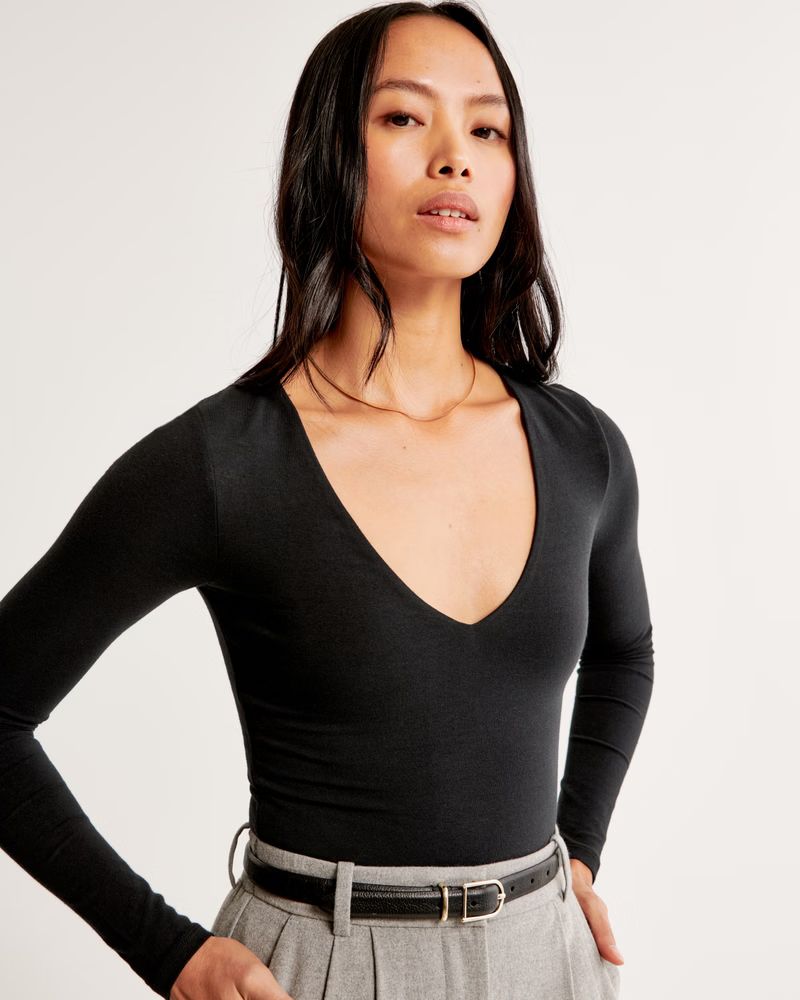 Long-Sleeve Cotton-Blend Seamless Fabric V-Neck Bodysuit | Abercrombie & Fitch (US)