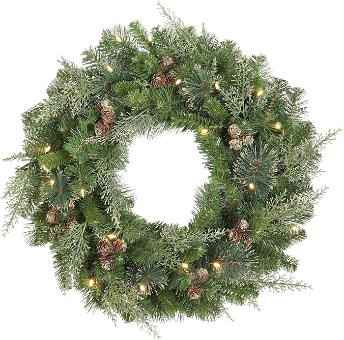 Haute Decor 24 Inch Bergen Pine Wreath with Gold Accents and Soft White LED Lights on Auto Timer ... | Amazon (US)