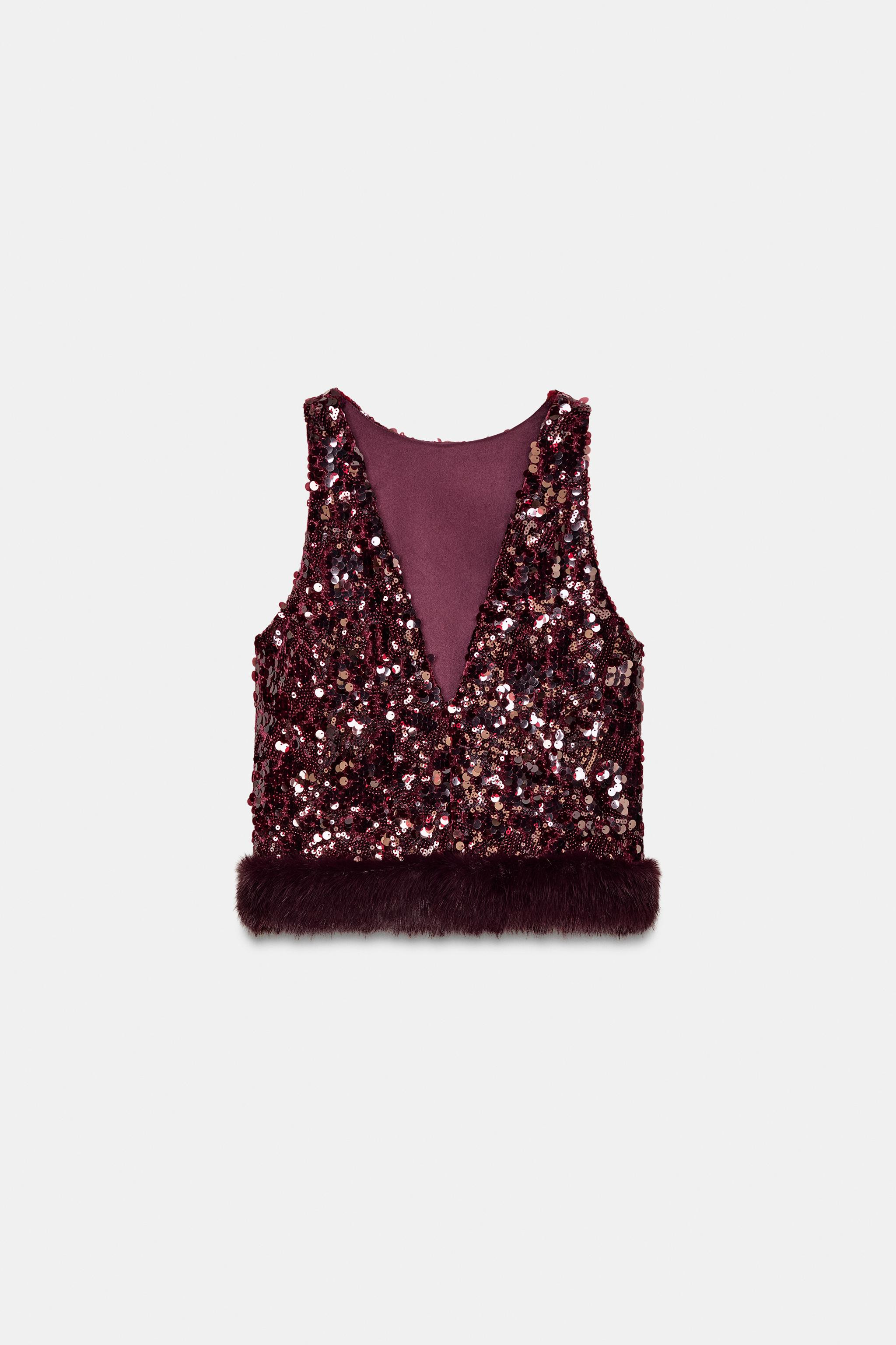 SEQUIN TOP WITH FAUX FUR HEM | Zara UK