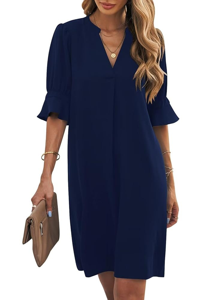 Wkior Shift Dress for Women V Neck Short Sleeves Solid Color Casual Flowy Summer Dresses(S-2XL) | Amazon (US)
