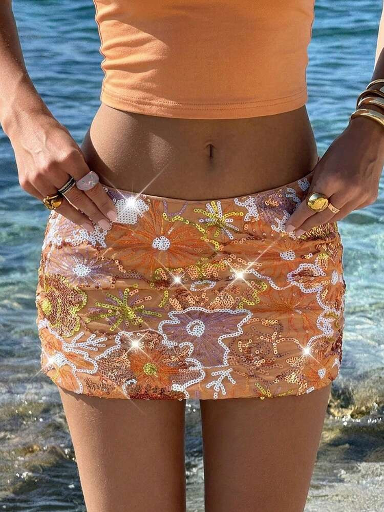 SHEIN ICON Summer Women's Orange Sparkly Sexy Vacation Going Out Party Prom Sequin Floral Pattern Casual Versatile Daily Wear Mini Skirt | SHEIN