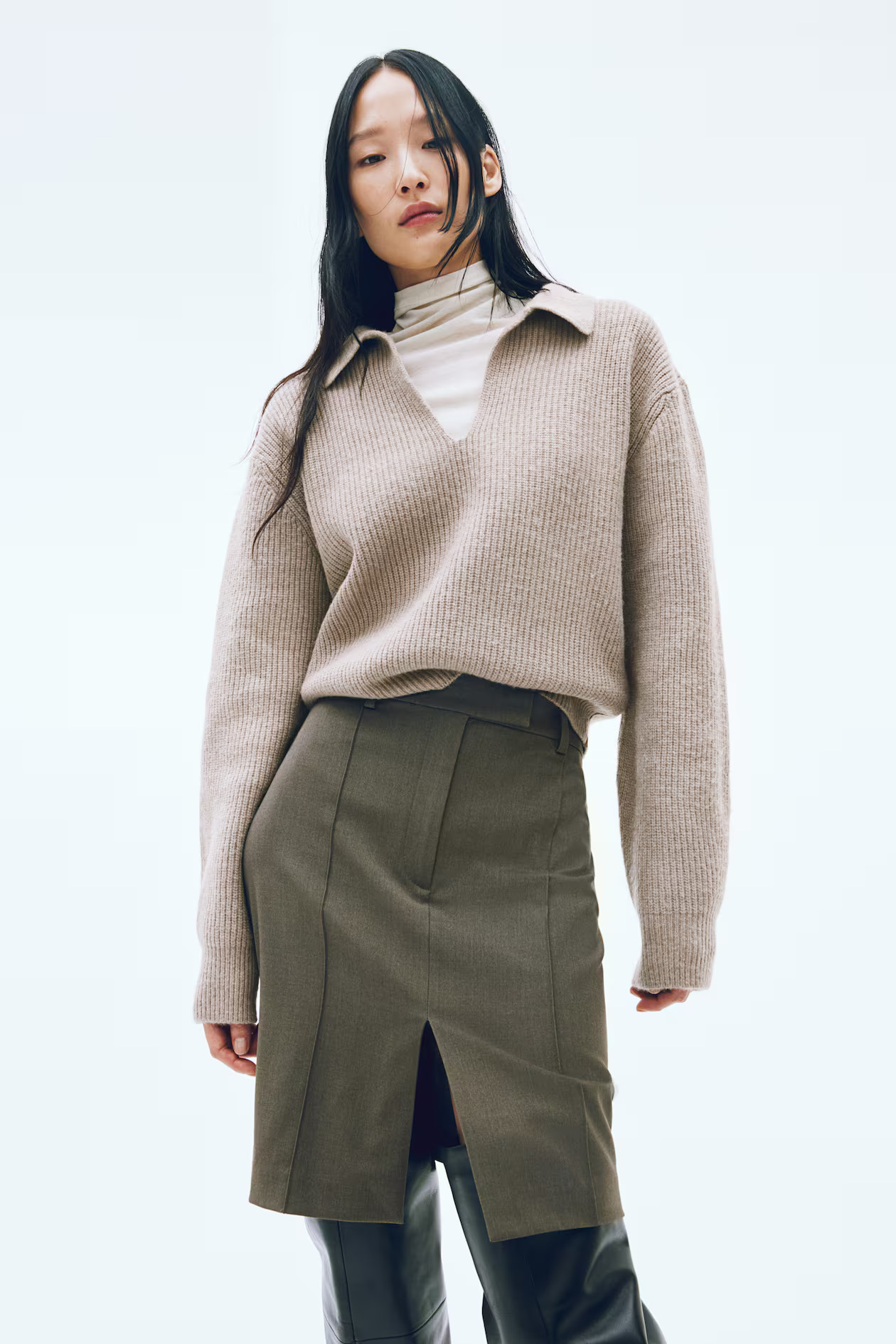 Rib-knit collared jumper - Greige - Ladies | H&M GB | H&M (UK, MY, IN, SG, PH, TW, HK)