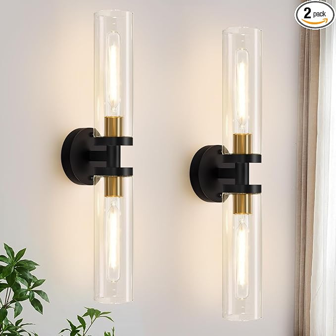 Wall Sconces Set of Two, Black and Gold Bathroom Sconces Wall Lighting with Clear Glass, Modern S... | Amazon (US)