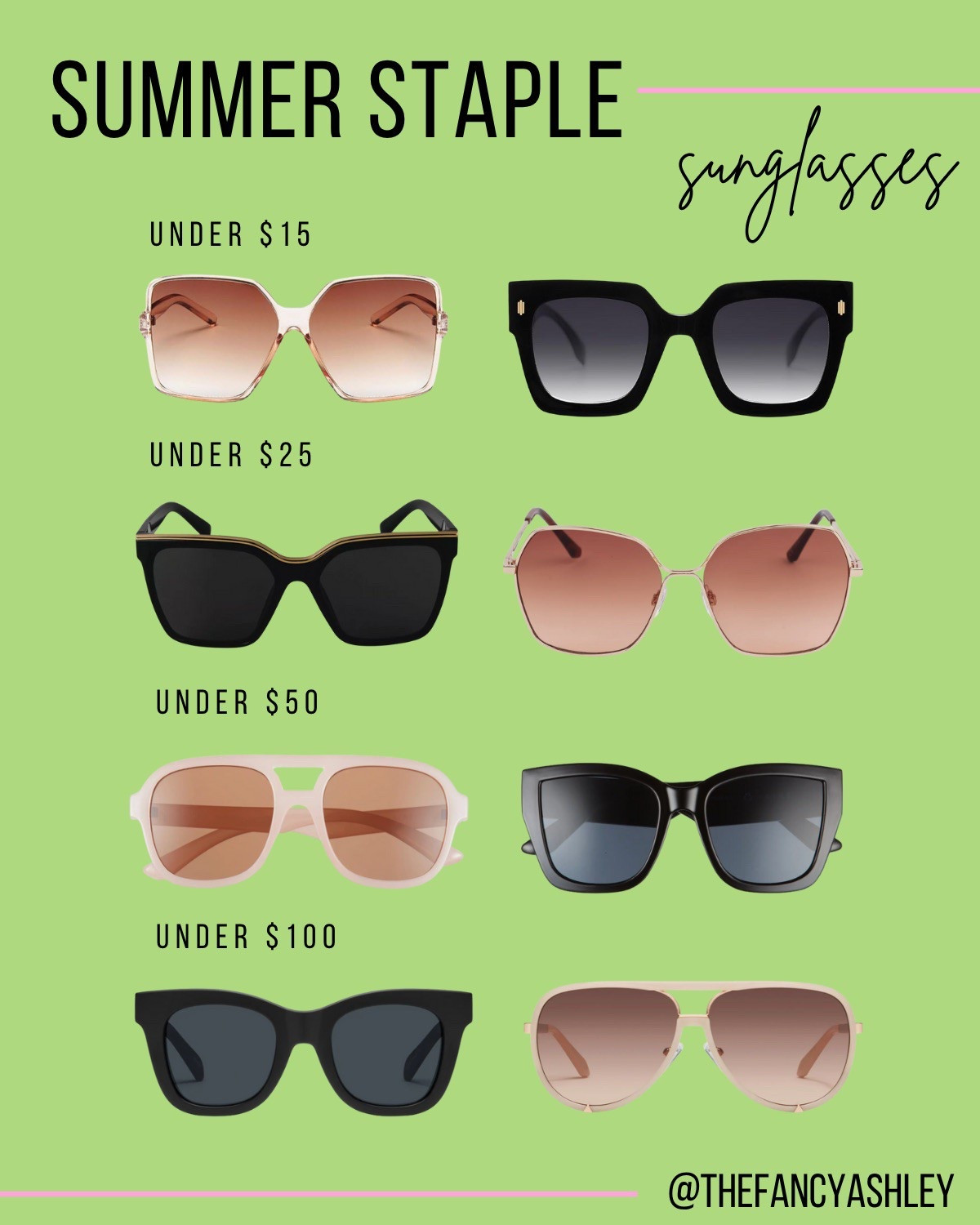 I've rounded up THE summer staple—cute sunnies under $100, $25, and even $15. These shades are perfection and the best accessory for all your summer outfits!


#LTKSummerEdit #LTKSeasonal #LTKFindsUnder100