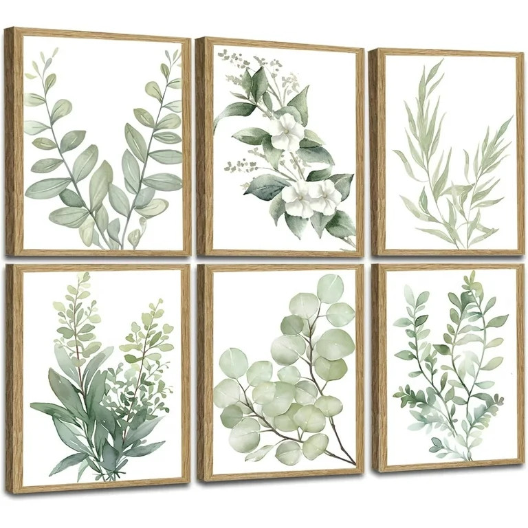 Induslyfe Framed Eucalyptus Sage Green Botanical Plant Wall Art Canvas Decor Set of 6, Leaves Wal... | Walmart (US)