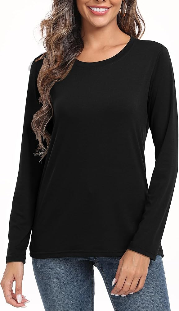 PRIMODA Women's Crew Neck Long Sleeve Shirts Basic Loose Fit Layering Tops | Amazon (US)