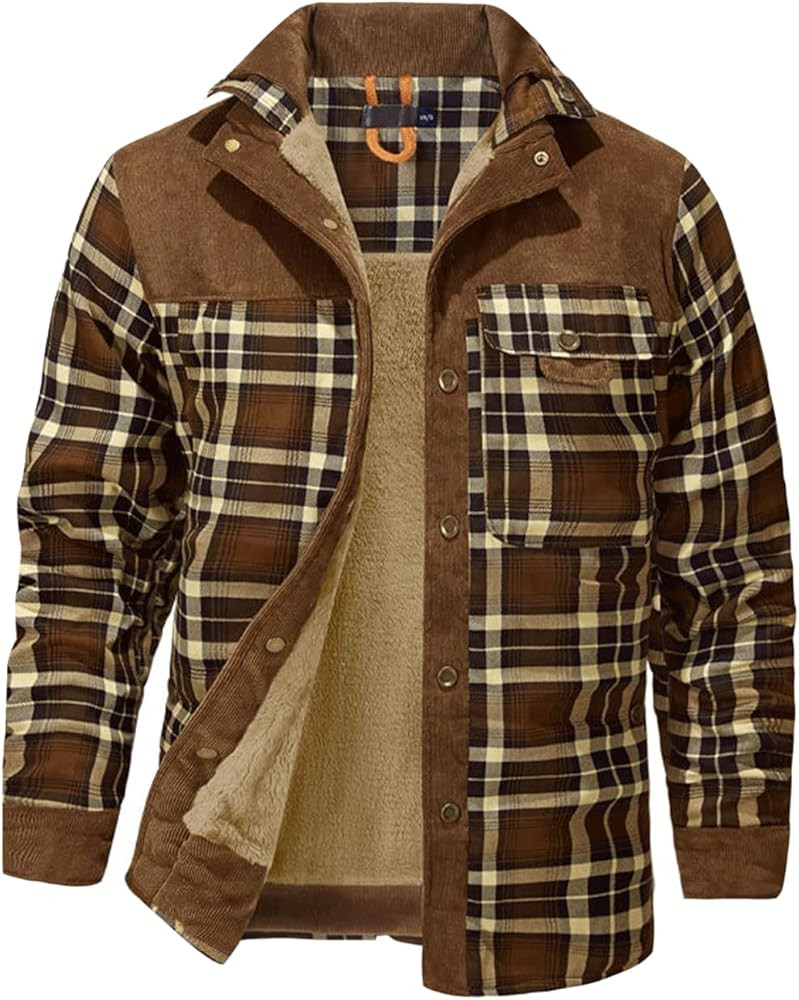 Haellun Men's Long Sleeve Sherpa Lined Shirt Jacket Flannel Plaid Fleece Coats | Amazon (US)