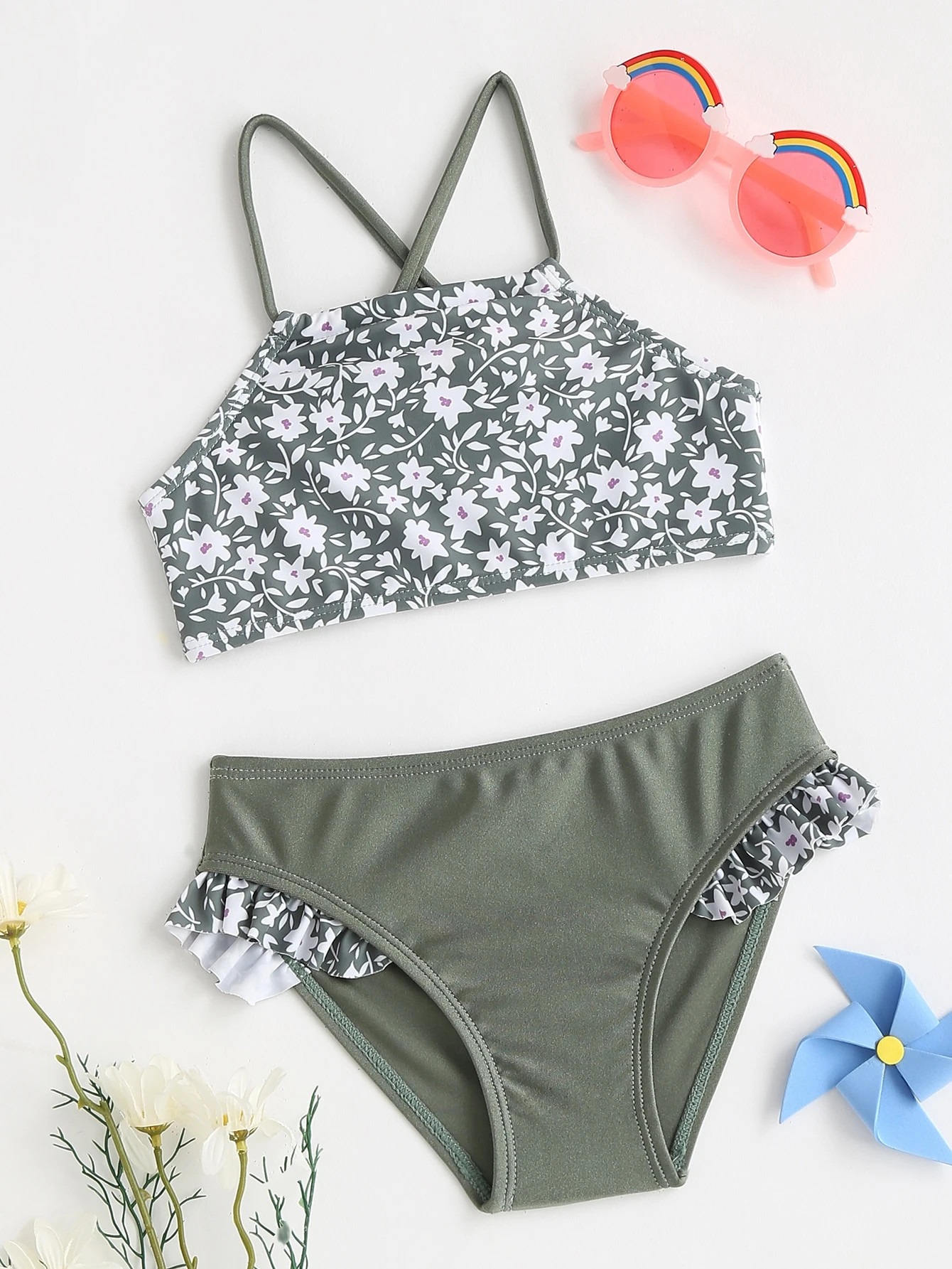 Toddler Girls Ditsy Floral Print Cross Back Bikini Swimsuit | SHEIN