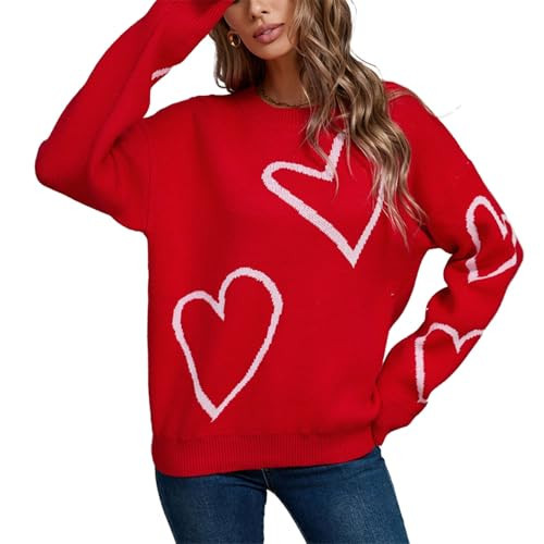 Women Cute Heart Print Sweater Valentine Romantic Long Sleeve Crewneck Love Graphic Knitted Pullover Tops (Red, L) | Amazon (US)