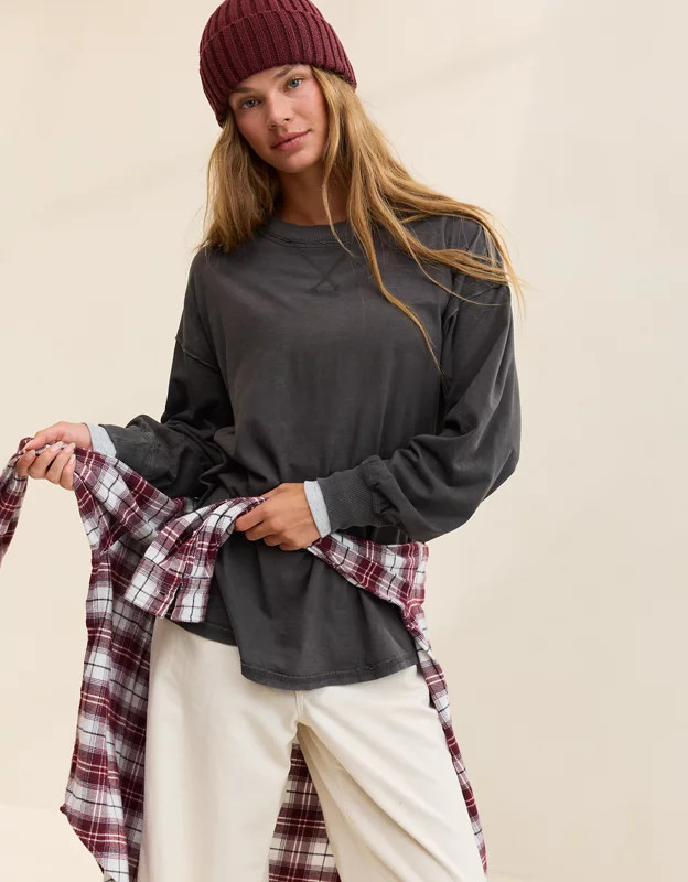 Aerie Cozy Oversized Long Sleeve Boyfriend T-Shirt Women's Smoked Gray XS | Aerie