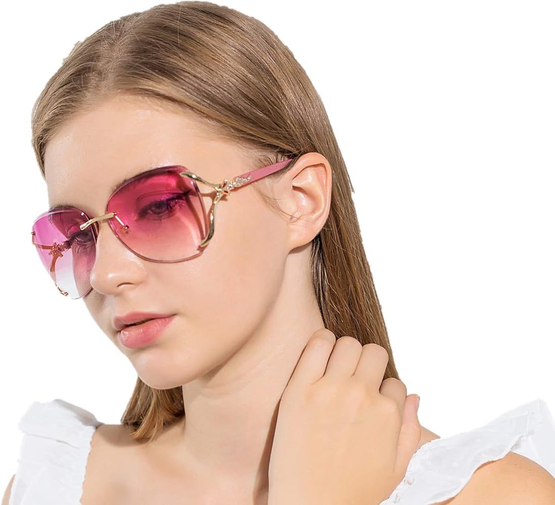 Women Shades Rimless Sunglasses Bling Frame Round Lens Sunglass Metal Frame Sunglasses for Women ... | Amazon (US)
