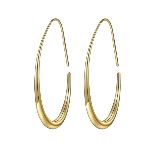 Lightweight Teardrop Hoop Earrings for Women - 14k Gold/White Gold Plated Large Oval Pull Through Hoop Earrings High Polished Statement Jewelry Gift for Women | Amazon (US)