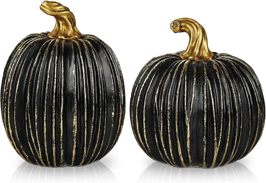 2 Pack Fall Pumpkin Decor, Black and Gold Resin Pumpkins for Decorating | Amazon (US)