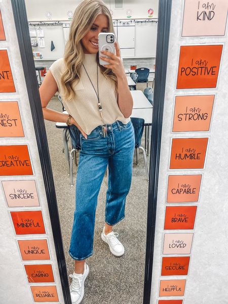 teacher casual Friday outfit!!
my jeans are ONLY $11!!🤯 true to size!
sneakers: I got my usual size and they were pretty snug  at first, I would probably size up half  if I were to order again! But otherwise comfy and easy to clean! + the price is amazing!
my top is part of a lounge set but I wear it separately all the time!!

| teacher outfit | teacher fashion | Walmart fashion | teacher style | work outfit | fall fashion

#LTKfindsunder100 #LTKshoecrush #LTKworkwear