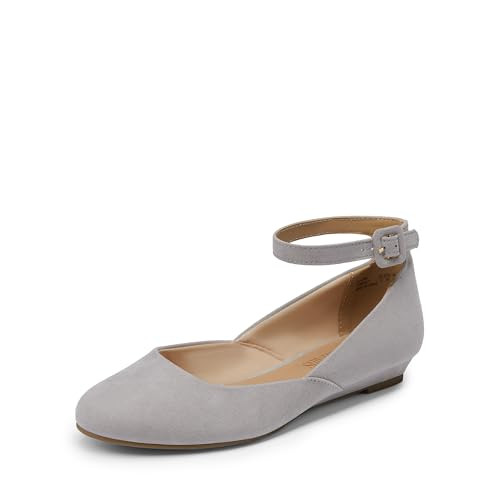 DREAM PAIRS Women's Dress Flats Ballet Low Wedge Round Toe Ankle Strap Comfortable Casual Flats Shoes,Size 9,Grey/Suede,REVONA | Amazon (US)