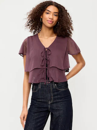 Chiffon Tie-Front Flutter-Sleeve Top | Old Navy (US)