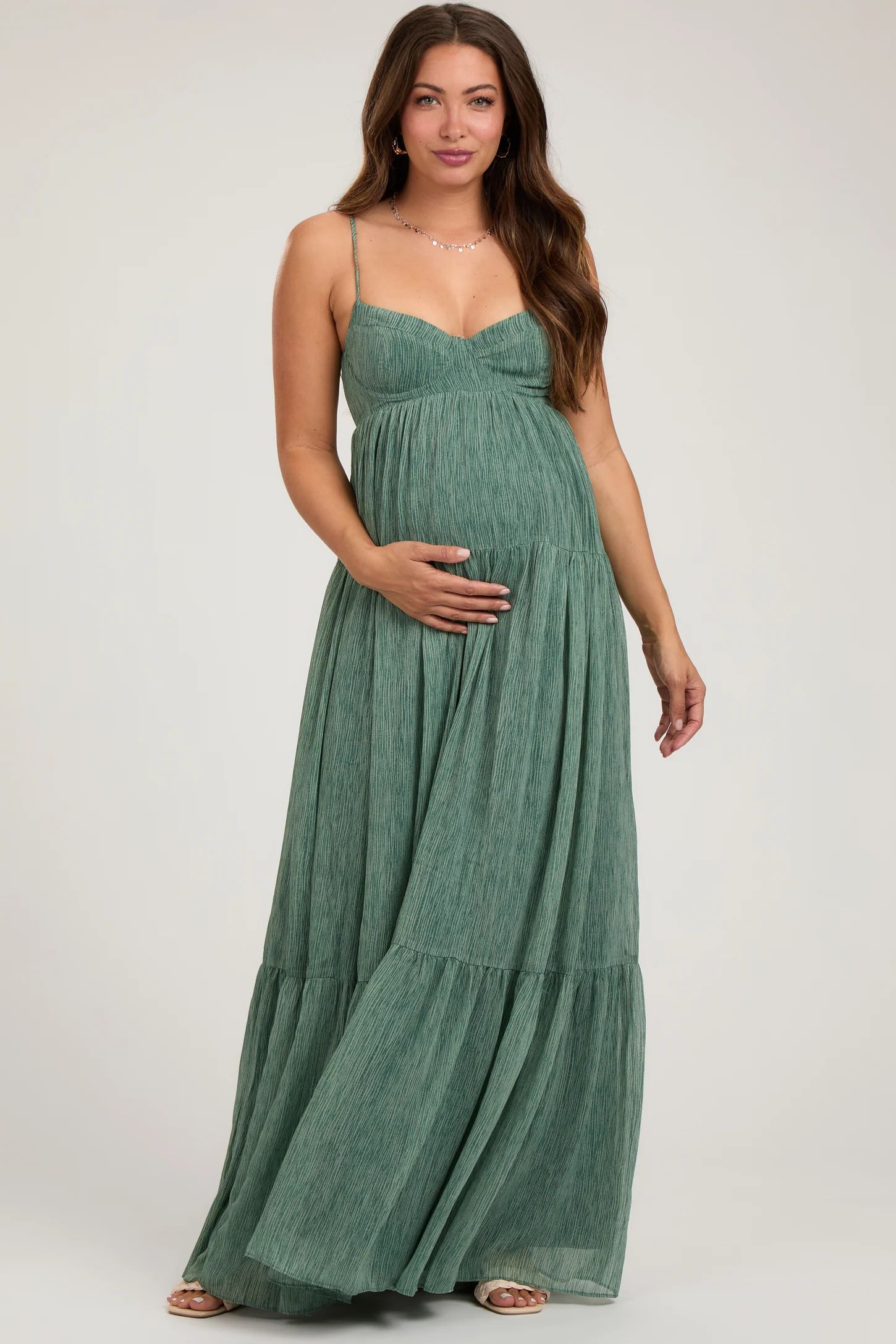 Light Olive Printed Tiered Maternity Maxi Dress | PinkBlush Maternity