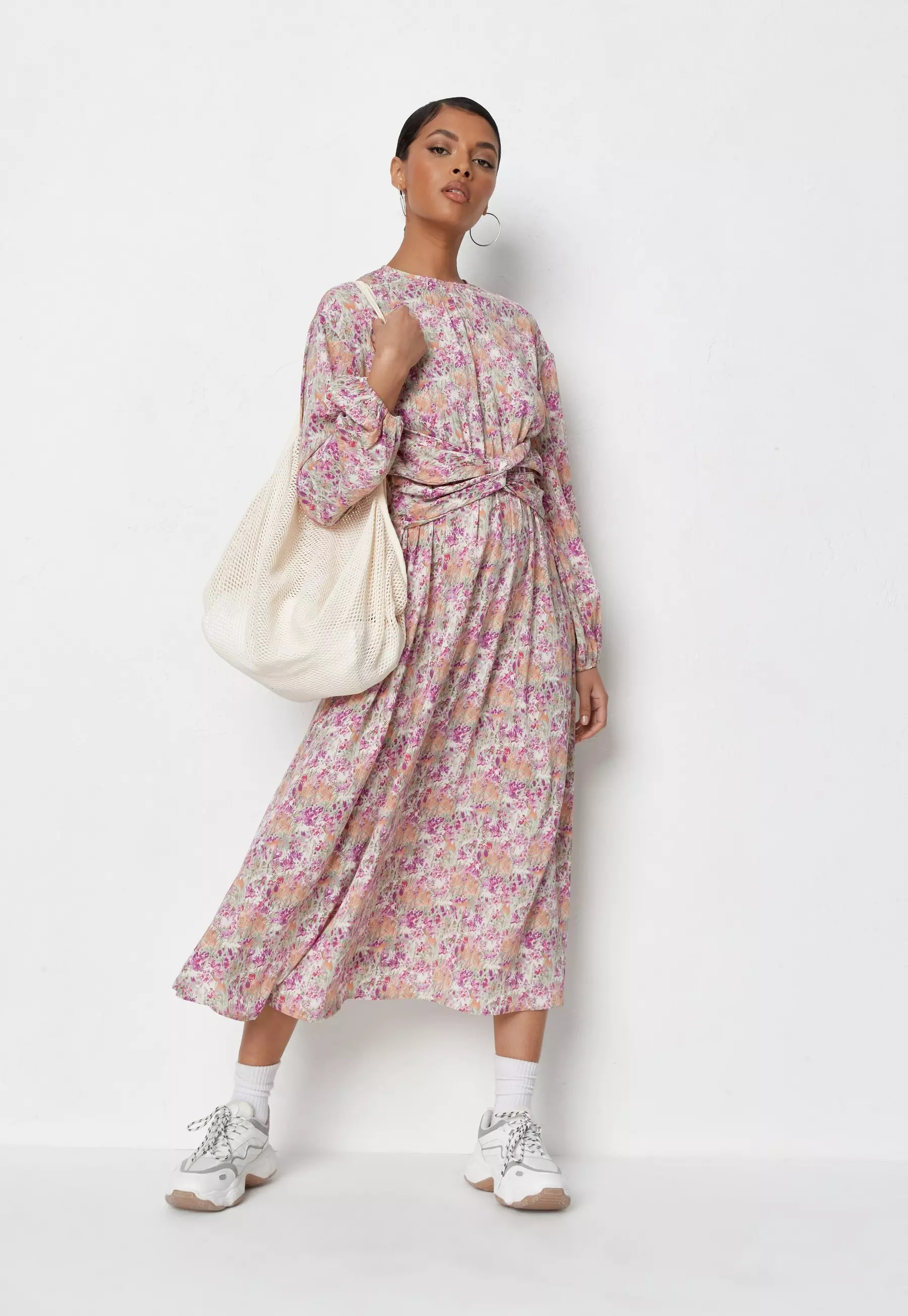 Pink Floral Knot Waist Midi Dress | Missguided (US & CA)