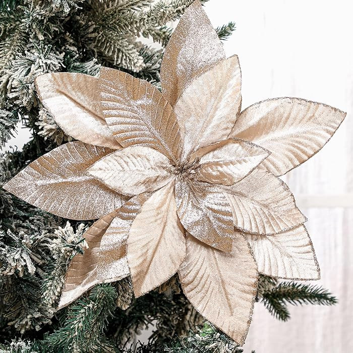 4 Pcs 16'' Champagne Gold Poinsettia Flowers Christmas Artificial Extra Large Velvet Christmas Fl... | Amazon (US)