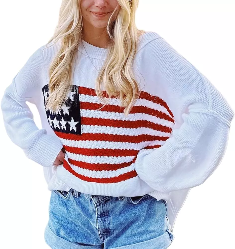 Women American Flag Sweater Vintage Print Long Sleeve Crewneck Knitted Jumper 90s Aesthetic Knit ... | Amazon (US)