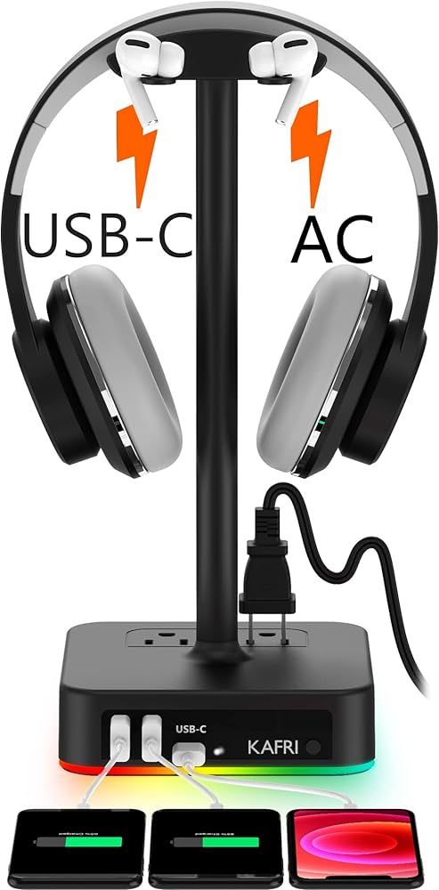 KAFRI RGB Headphone Stand with USB A&C Charger Desk Gaming Headset Holder Hanger Rack with 3 USB ... | Amazon (US)