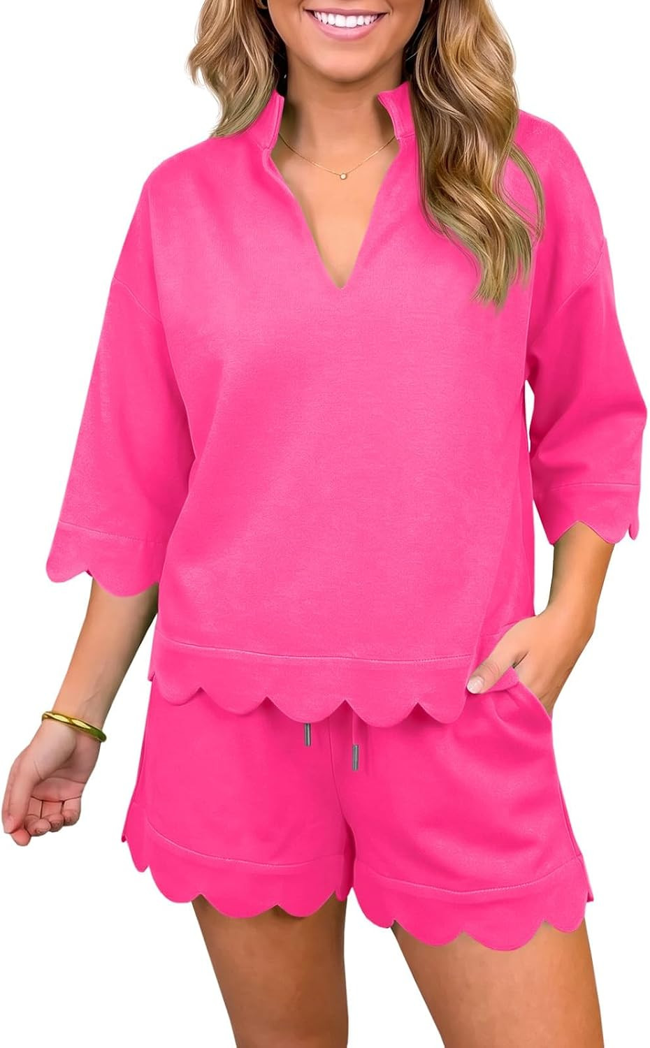 Fisoew Women’s 2 Piece Short Sets Summer Casual Lounge Sets Short Sleeve Sweatshirts Drawstring Waist Shorts Tracksuits | Amazon (US)