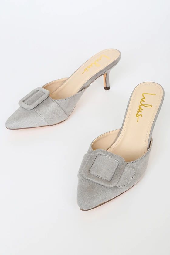 Livingston Grey Suede Buckled Pointed-Toe Mules | Lulus (US)