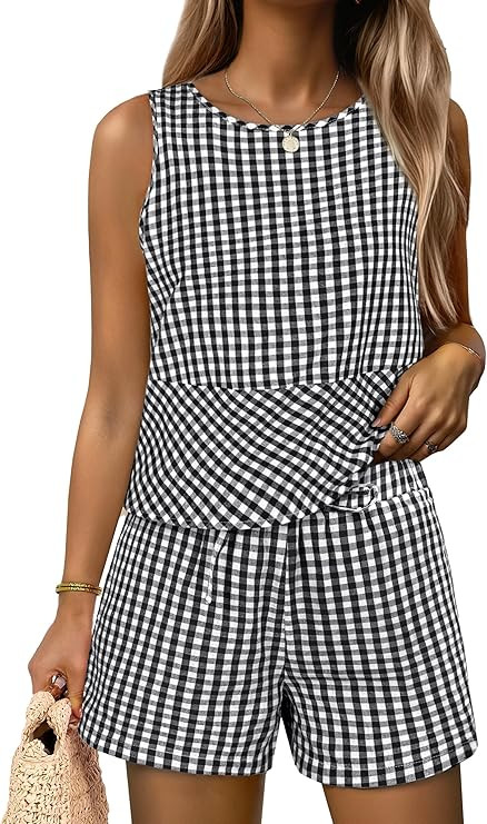 ANRABESS Womens 2 Piece Outfits Striped Summer Casual Sleeveless Tank Top Matching Shorts Lounge ... | Amazon (US)