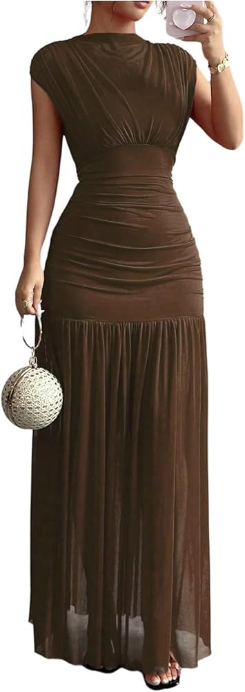 GORGLITTER Women's Mesh Bodycon Maxi Dress Mock Neck Cap Sleeve Wedding Guest Cocktail Birthday D... | Amazon (US)