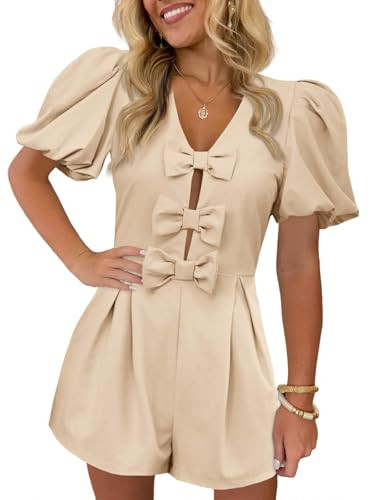 Cicy Bell Womens Cute Rompers Bow Front Puff Sleeve V Neck Short Jumpsuits Sexy Summer Outfits with Pockets | Amazon (US)