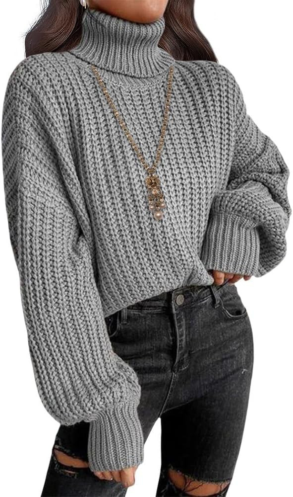 Womens Turtleneck Sweater Winter Warm Fashion Cropped Ribbed Knit Lantern Sleeve Fall Pullover Wo... | Amazon (US)