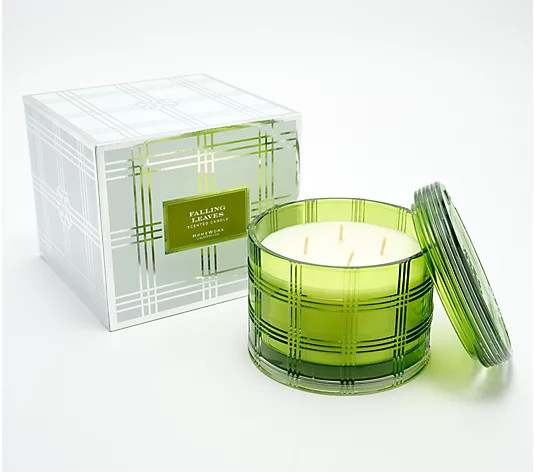 HomeWorx by Slatkin & Co. 18-oz Plaid Glass Candle Falling Leaves | QVC