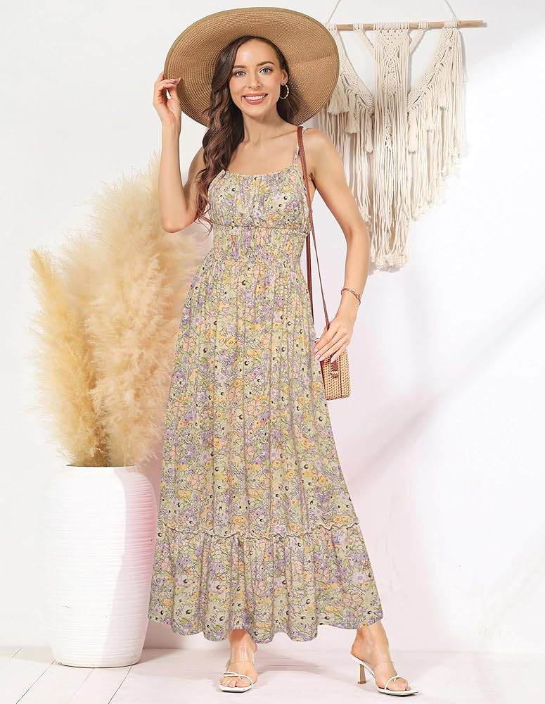 GRACE KARIN Summer Dresses for Women 2026 Vacation,Smocked Floral Maxi Dress,Boho Beach Sundress ... | Amazon (US)