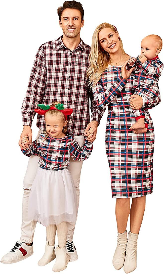 Mumetaz Family Matching Outfits Red Plaid Christmas Long Sleeve Backless Mommy and Me Dresses Men Bo | Amazon (US)