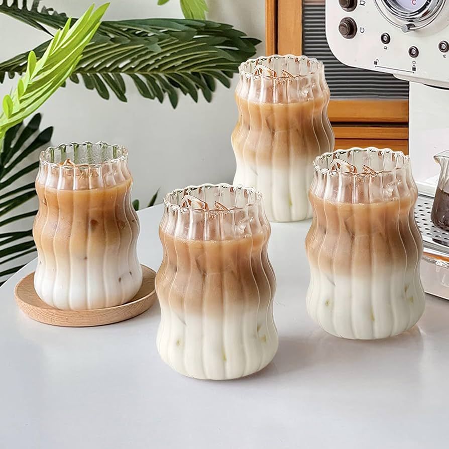Ribbed Drinking Glasses Vintage Ribbed Glassware 18 Oz Reusable Iced Coffee Cup Aesthetic Glass C... | Amazon (US)